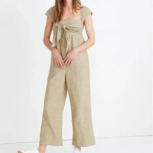 Madewell Cap Sleeve Tie Jumpsuit Size 00 Green Linen Blend Minimal Preppy Casual